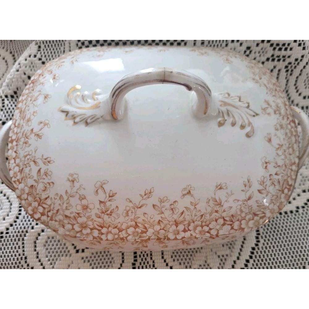 Alcock England Utopian Brown Transfer 13"W X 8 1/2"H Soup Tureen Serving Dish